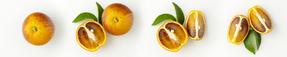 Set or collection of fresh ripe whole, half and sliced bloody orange isolated on white background. Collection