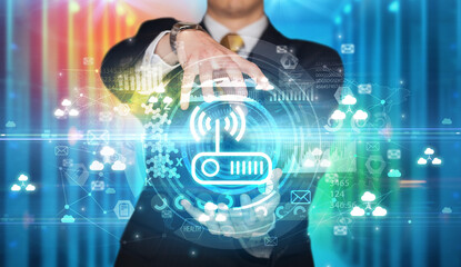 Businessman holding technology icon concept