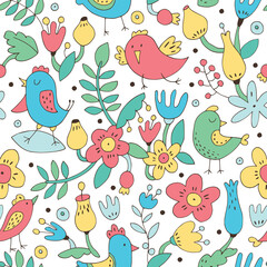 Seamless background with cute birds, plants and flowers.