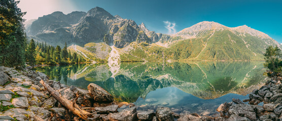 Tatra National Park, Poland. Panorama Famous Mountains Lake Morskie Oko Or Sea Eye Lake In Summer...