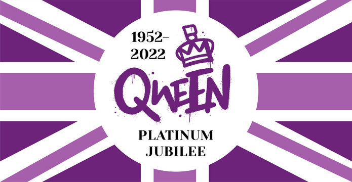 Poster of "Queen. Platinum Jubilee 1952-2022" with British flag. Ready greeting card for celebrate a Platinum Jubilee after 70 years of Queen's service. Vector illustration. Street graffiti style.