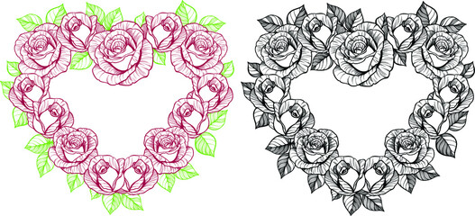Black and white and two color rose flower heart shape frame wreath. Good for card design.
