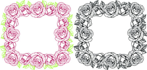 Black and white and two color rose flower square frame wreath. Good for card design.