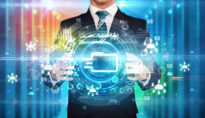 Fototapeta na wymiar Businessman holding technology icon concept