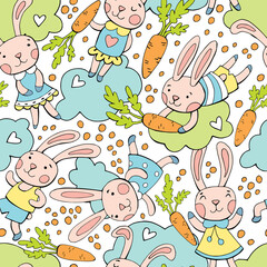 Seamless background with cute rabbits, carrots, clouds and hearts. Perfect for children's textiles, clothing, wrapping paper, wallpapers and other surfaces.