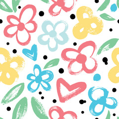 Seamless pattern with flowers. Expressive dry brushes.


