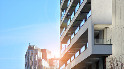 Fragment of modern residential apartment with flat buildings exterior. Detail of new luxury house and home complex.  