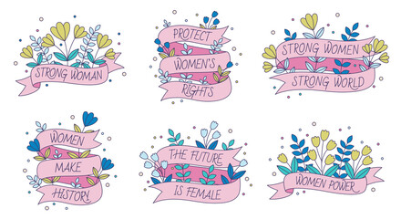 International Women Day stickers with inspirational phrases. 8 March sticker collection. Happy Women's Day icon clip-art set.
