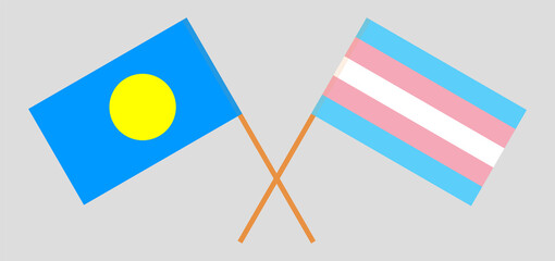 Crossed flags of Palau and Transgender Pride. Official colors. Correct proportion