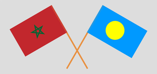 Crossed flags of Morocco and Palau. Official colors. Correct proportion