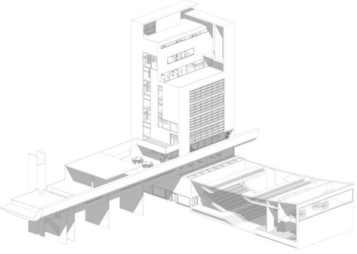 Architecture design: blueprint axonometry - Drawing illustration of a modern public equipment building / technology, industry, business concept illustration: 
