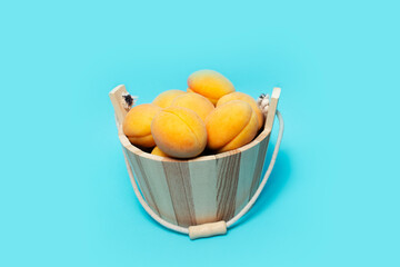 Studio image of apricots in wooden bucket on background of blue colour.