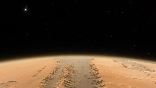 Beautifully detailed orbit around planet Mars featuring the famous Valles Marineris, one of the largest canyons of the Solar System