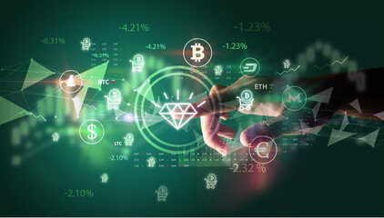 Business person hand pushing currency symbol on multimedia touch screen