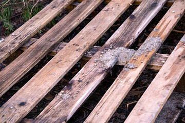 Old discarded wooden pallet on the ground.