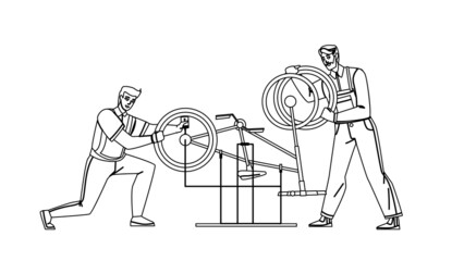 Bicycle Repair Service Men Workers Fixing Black Line Pencil Drawing Vector. Young Guys Examining And Repairing Bicycle Parts. Characters Repairman Transport Maintenance Professional Work Illustration