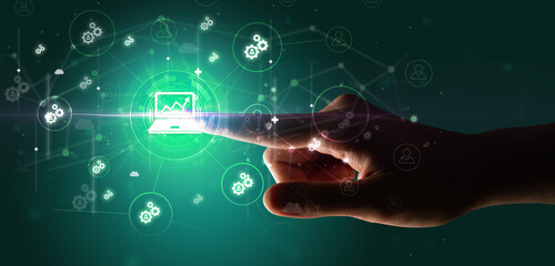 Businessman hand pressing stock graphic information on multitouch screen