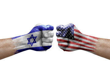 Two hands punch to each others on white background. Country flags painted fists, conflict crisis concept between israel and usa