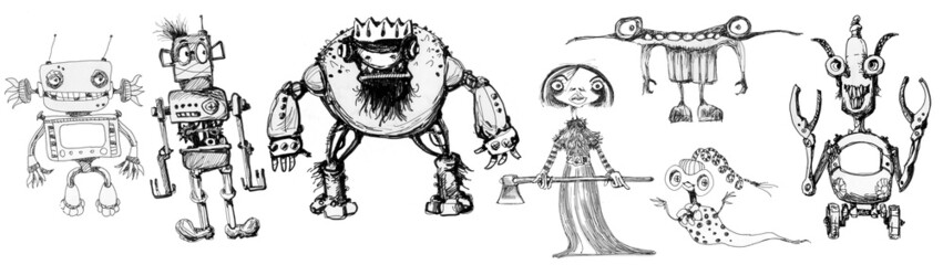 Fototapeta na wymiar Robots and Monsters in one set. Cartoon characters. Ink drawing.