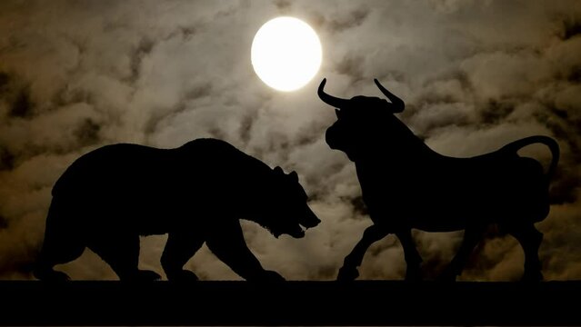 Beasts of Finance: the Bear and Bull, Time Lapse By Night with Dark Atmosphere, Fog, Smoke, and Full Moon, Frankfurt Stock Exchange
