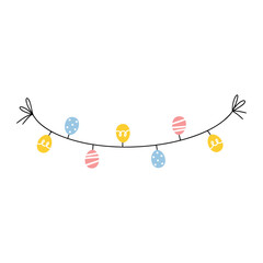 Cute easter garland with different colored eggs. Good for greeting cards, banners, invitations, flyers.