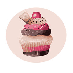 Vector sticker with a cupcake in pink and brown colors and candy and waffle on top