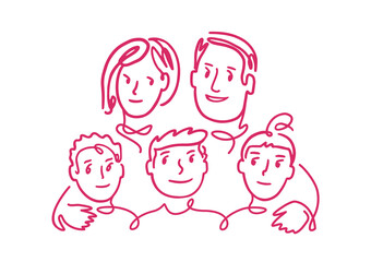 Large happy family. Children and parents sketch doodle. Vector illustration