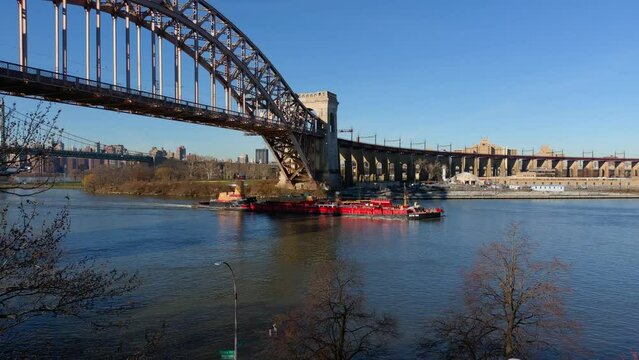 Aerial View of a Tanker Going Under the Hell Gate Bridge - Part 1