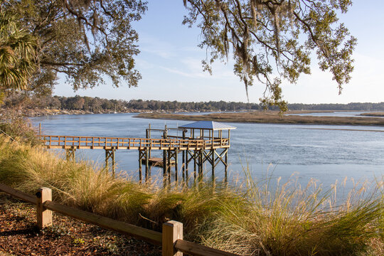 wooden pier overlook May river Bluffton South Carolina
