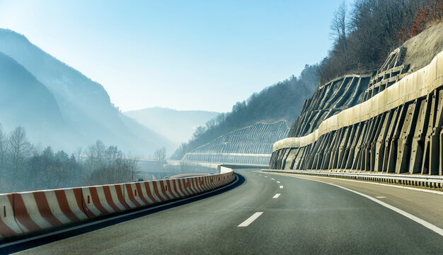 Highway with road slope erosion protection on the hillside