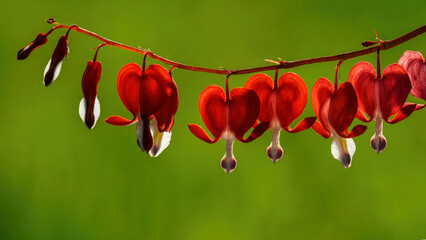 Blooming red and white dicentra or bleeding heart close-up, blurred background
