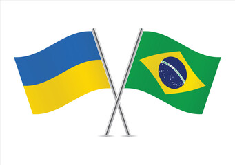 Ukraine and Brazil crossed flags. Ukrainian and Brazilian flags, isolated on white background. Vector icon set. Vector illustration.