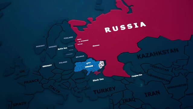 Schematic 3d animation of the of Donbass region with highlighted Lugansk, Donetsk and Kiev