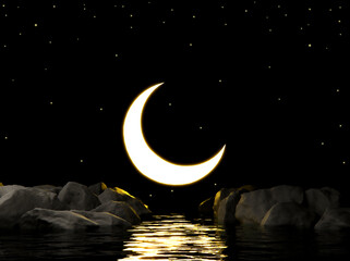 Islamic night fantasy scene with crescent moon