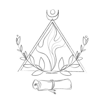 Triangular sign with a scroll of the month and laurel branches, a sacred mystical pyramid sign hand drawing sktch isolated on a white background. Occult drawing.Vector illustration