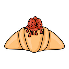 croissant cake with topping and strawberry on top in a flat design style, suitable for logos, icons, and illustrations.