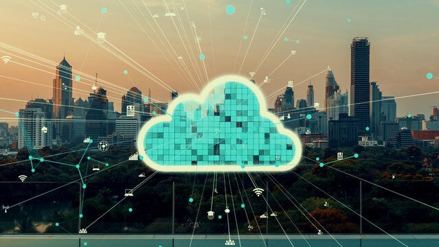 Cloud computing technology and online data storage for alteration data sharing . Computer connects to internet network server service for cloud data transfer shown in 3D futuristic graphic interface .