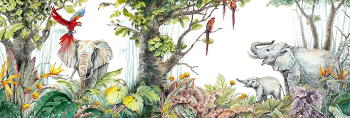 Crédence de cuisine en verre imprimé Chambre denfants Animaux dans la forêt, paysage de peintures à l& 39 aquarelle, jungle. Beaux-arts, œuvres d& 39 art