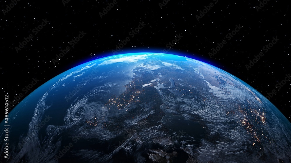 Poster planet earth with realistic geography surface and orbital 3d cloud atmosphere . outer space view of 