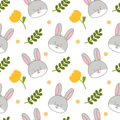 Vector seamless pattern. Background with many Rabbits, eggs, flowers, leaves scattered. Festive Easter Day surface pattern design. Spring season. For printing on fabric and paper, cards, social media