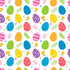 Vector seamless pattern. Background with many Rabbits, eggs, flowers, leaves scattered. Festive Easter Day surface pattern design. Spring season. For printing on fabric and paper, cards, social media