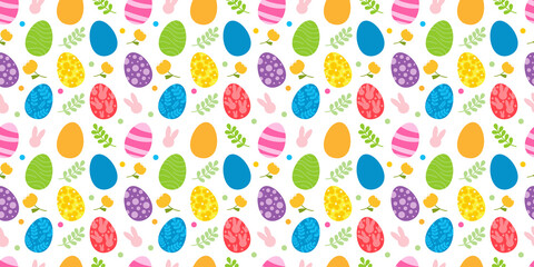 Vector seamless pattern. Background with many Rabbits, eggs, flowers, leaves scattered. Festive Easter Day surface pattern design. Spring season. For printing on fabric and paper, cards, social media