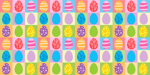 Vector seamless pattern. Background with many Rabbits, eggs, flowers, leaves scattered. Festive Easter Day surface pattern design. Spring season. For printing on fabric and paper, cards, social media