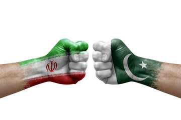 Two hands punch to each others on white background. Country flags painted fists, conflict crisis concept between iran and pakistan - obrazy, fototapety, plakaty