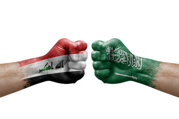 Two hands punch to each others on white background. Country flags painted fists, conflict crisis concept between iraq and saudi arabia