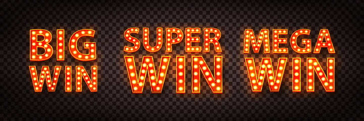 Vector set of realistic isolated retro marquee billboard with electric light lamps of Big, Super and Mega Win for invitation on the transparent background.