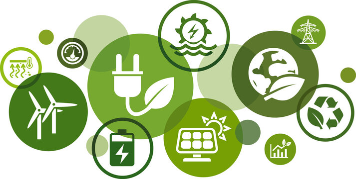 Renewable / alternative energy vector illustration. Green concept with icons related to clean sustainable energy sources - solar, wind power, biomass & hydro, energy storage, erneuerbare energie.