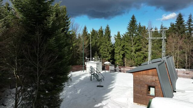 Weather meteorology stations science air quality drone aerial research measuring snow depth mountain, anemometer wind speed, air temperature humidity, meteorological monitoring technology