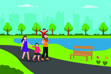 Vacation vector concept. Happy young family enjoying leisure time while walking together at the park