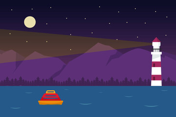 Nature vector concept. Lighthouse giving light signal on the shoreline with starry sky background